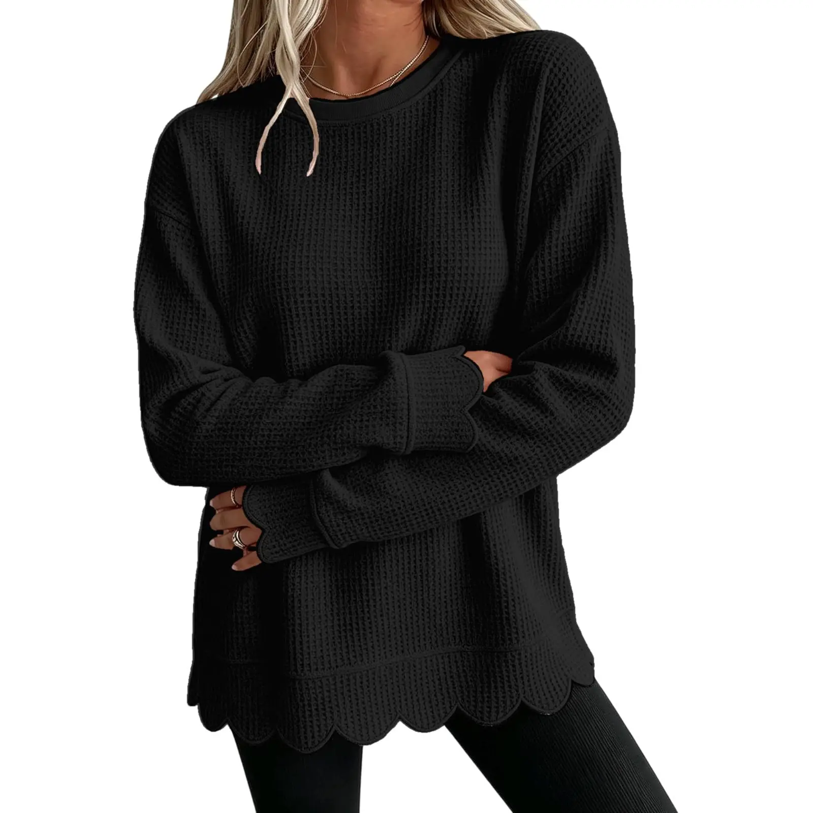 Womens Knit Oversized Crewneck Sweatshirts Scalloped Casual Tunic Long Sleeve Soft Cozy Top Drop Ladies Sweatshirts Zipper