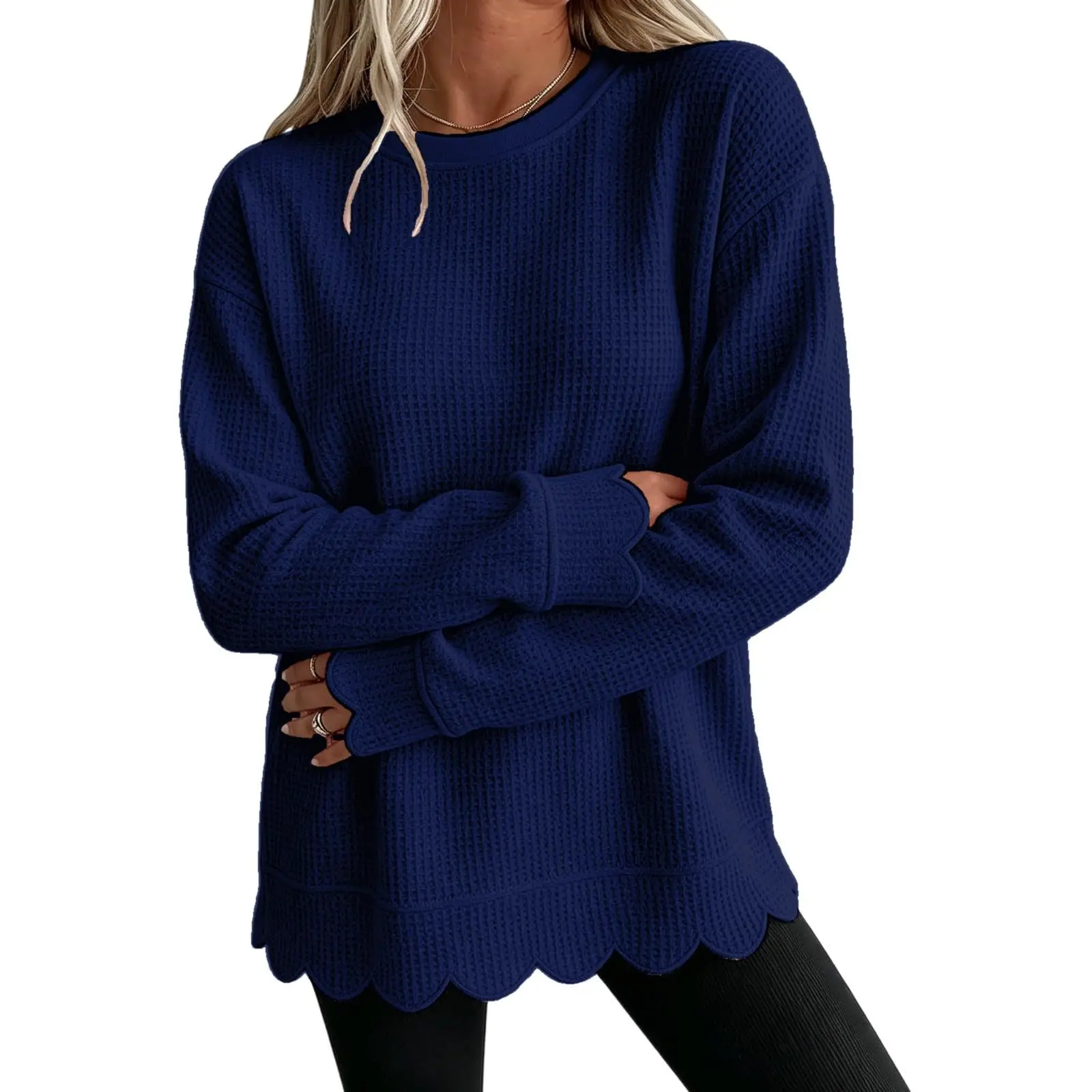 Womens Knit Oversized Crewneck Sweatshirts Scalloped Casual Tunic Long Sleeve Soft Cozy Top Drop Ladies Sweatshirts Zipper