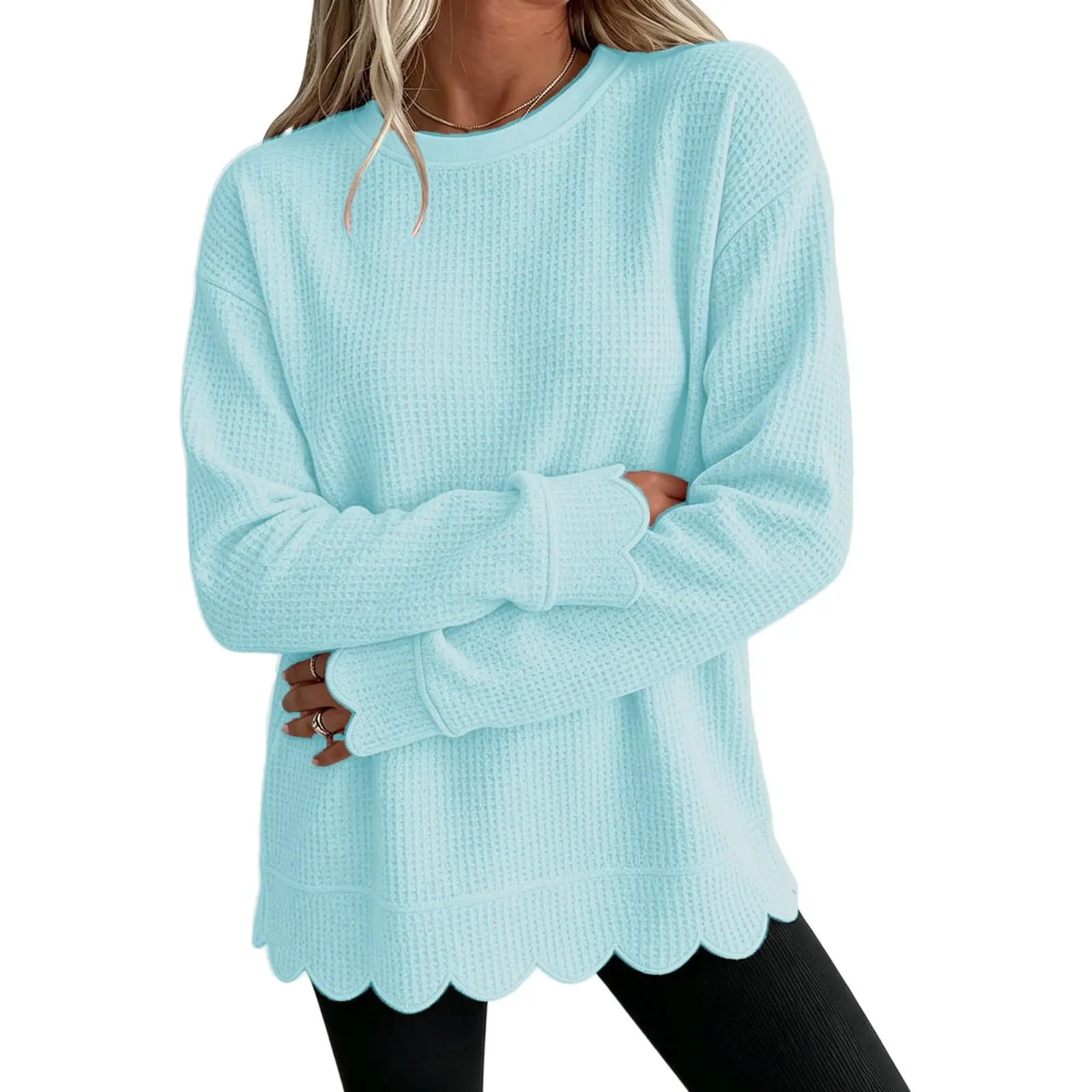 Womens Knit Oversized Crewneck Sweatshirts Scalloped Casual Tunic Long Sleeve Soft Cozy Top Drop Ladies Sweatshirts Zipper