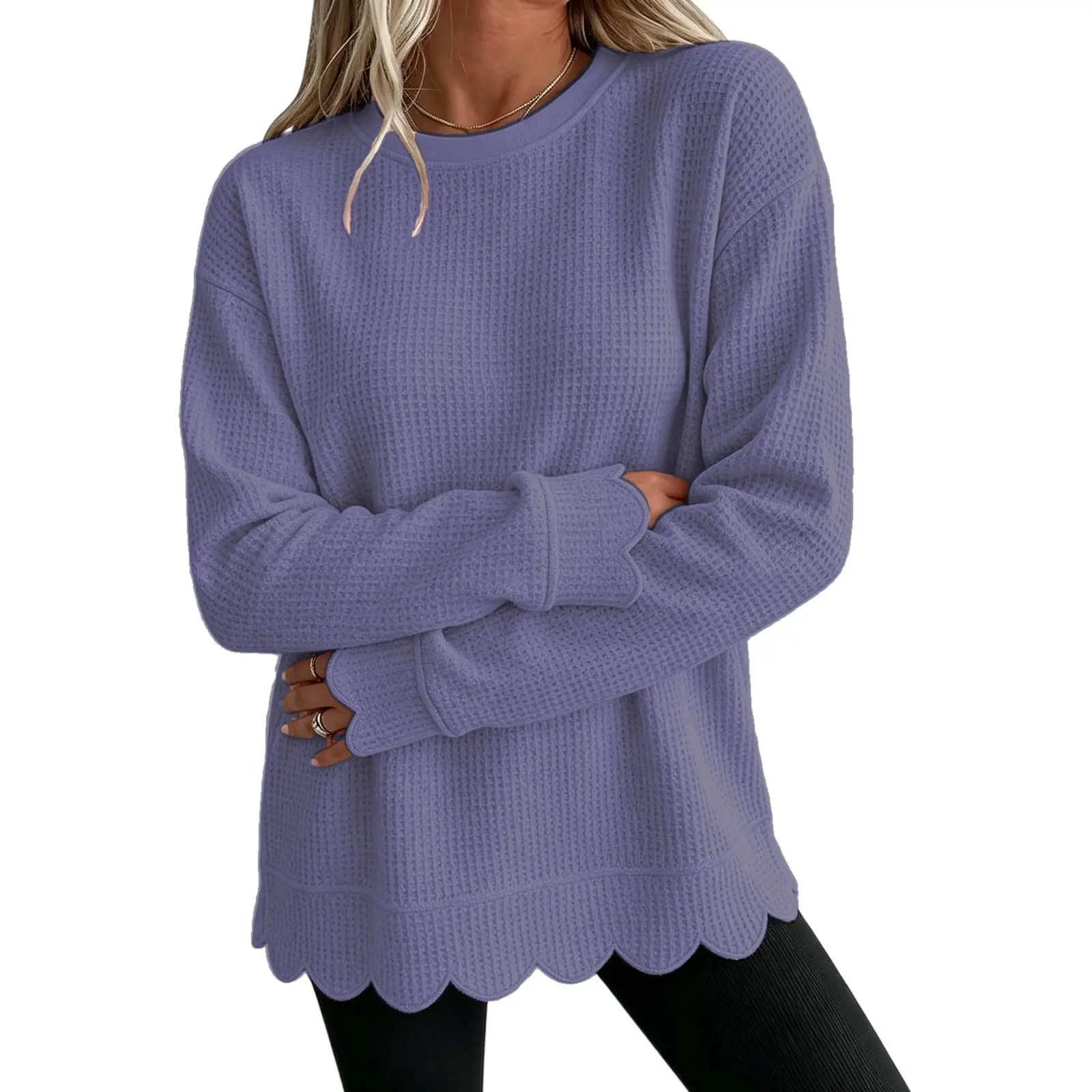 Womens Knit Oversized Crewneck Sweatshirts Scalloped Casual Tunic Long Sleeve Soft Cozy Top Drop Ladies Sweatshirts Zipper