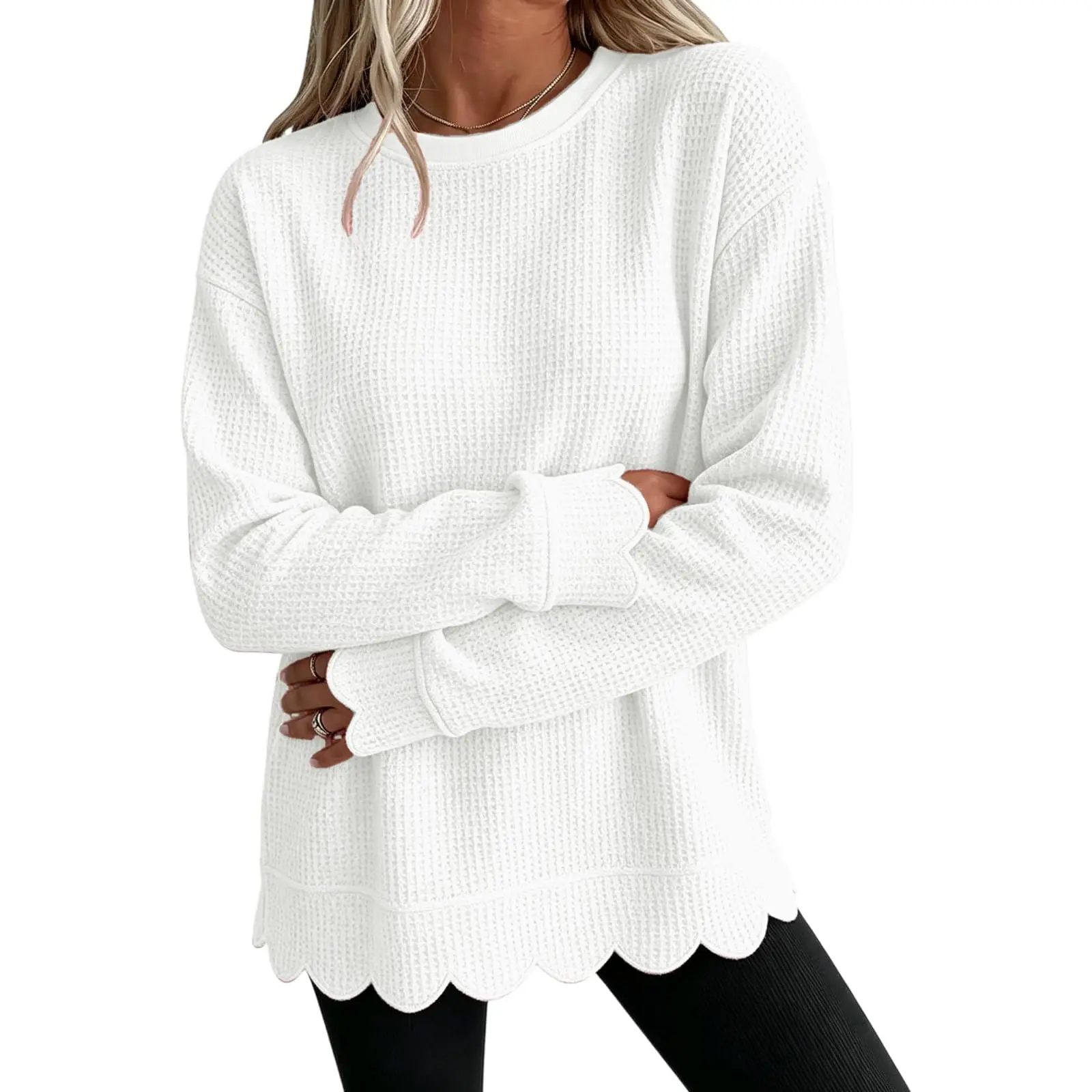 Womens Knit Oversized Crewneck Sweatshirts Scalloped Casual Tunic Long Sleeve Soft Cozy Top Drop Ladies Sweatshirts Zipper
