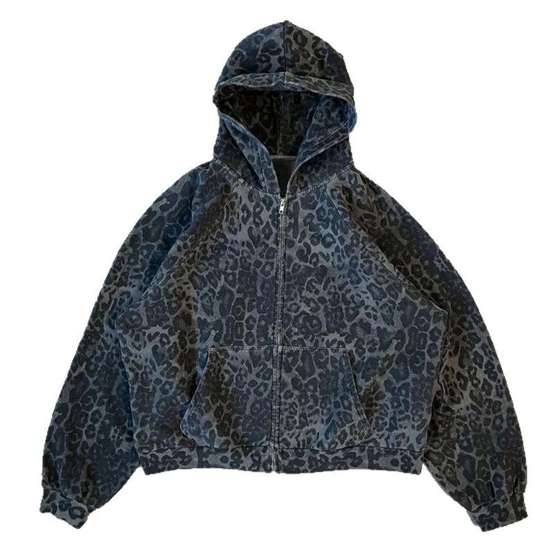 Y2K Rock Punk Women's Leopard Print Hoodie Unisex Chic Loose Zip Cardigan Sweatshirt Gothic Harajuku Retro Aesthetic Streetwear