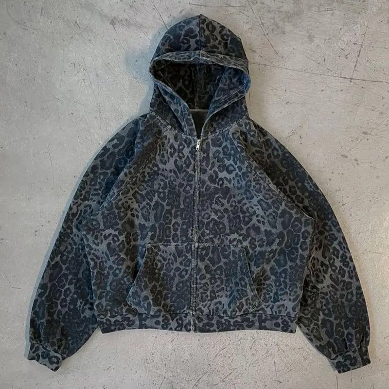 Y2K Rock Punk Women's Leopard Print Hoodie Unisex Chic Loose Zip Cardigan Sweatshirt Gothic Harajuku Retro Aesthetic Streetwear