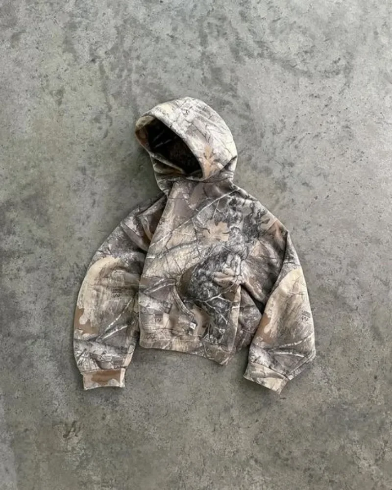 New High Street Y2K Retro Hoodie Men Printed Camouflage Pattern Pullover Hip Hop Oversized Camo Hoodies Sweatshirts Streetwear