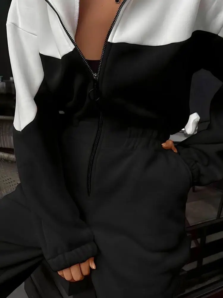Color Block Tracksuit Jumpsuit Women Half Zip Hoodie Long Sleeve Elastic Waist Casual Sporty Streetwear One Piece Outfit