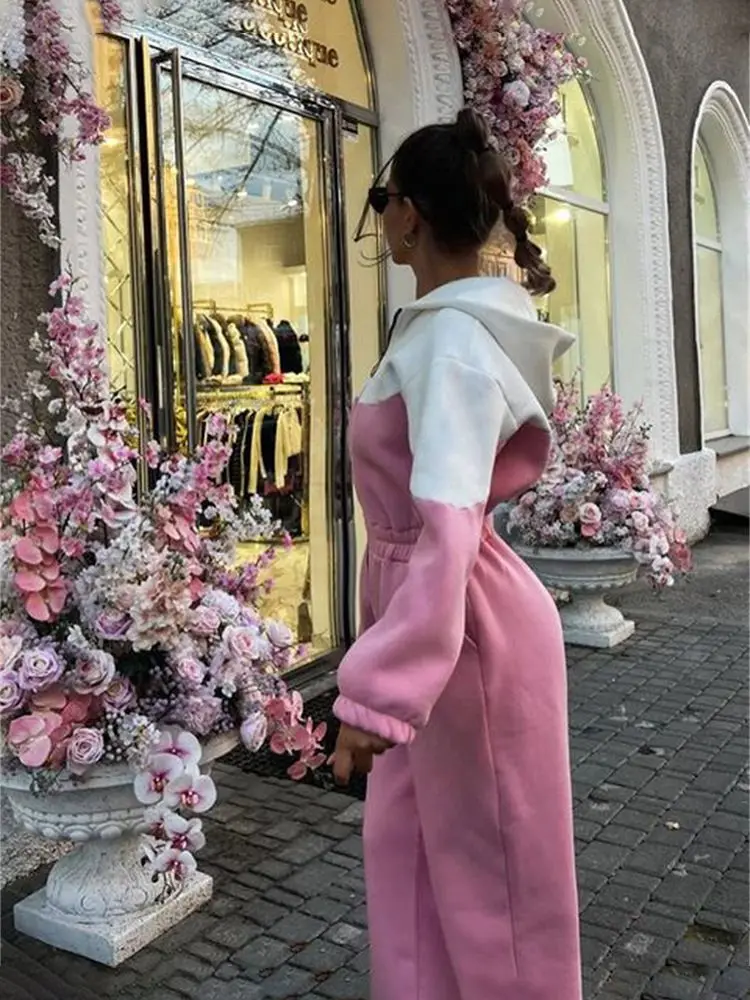 Color Block Tracksuit Jumpsuit Women Half Zip Hoodie Long Sleeve Elastic Waist Casual Sporty Streetwear One Piece Outfit