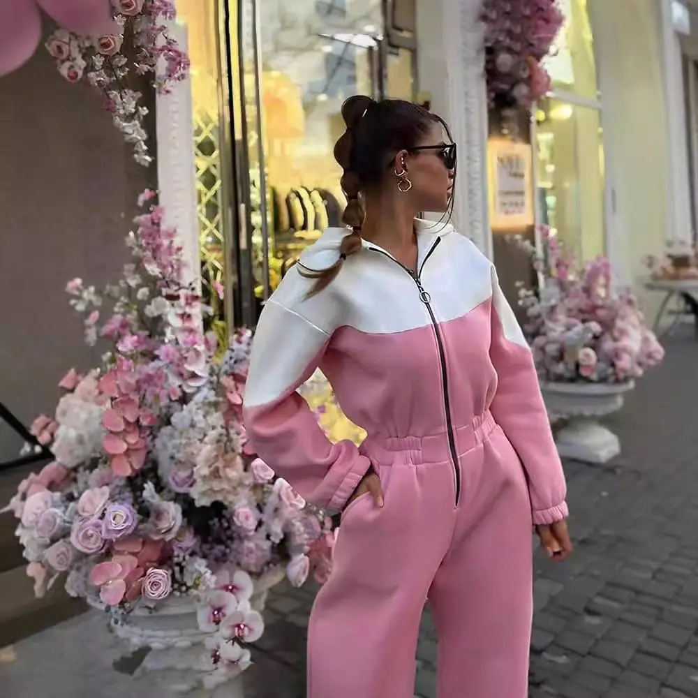 Color Block Tracksuit Jumpsuit Women Half Zip Hoodie Long Sleeve Elastic Waist Casual Sporty Streetwear One Piece Outfit