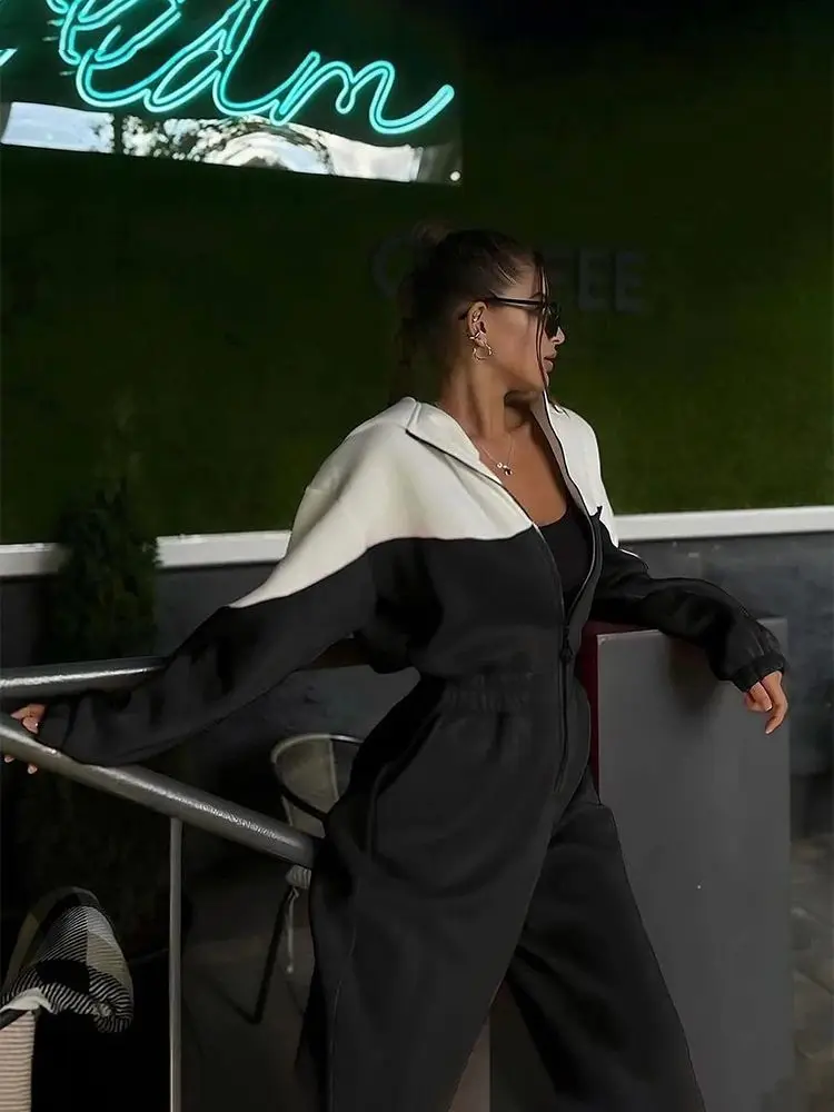 Color Block Tracksuit Jumpsuit Women Half Zip Hoodie Long Sleeve Elastic Waist Casual Sporty Streetwear One Piece Outfit