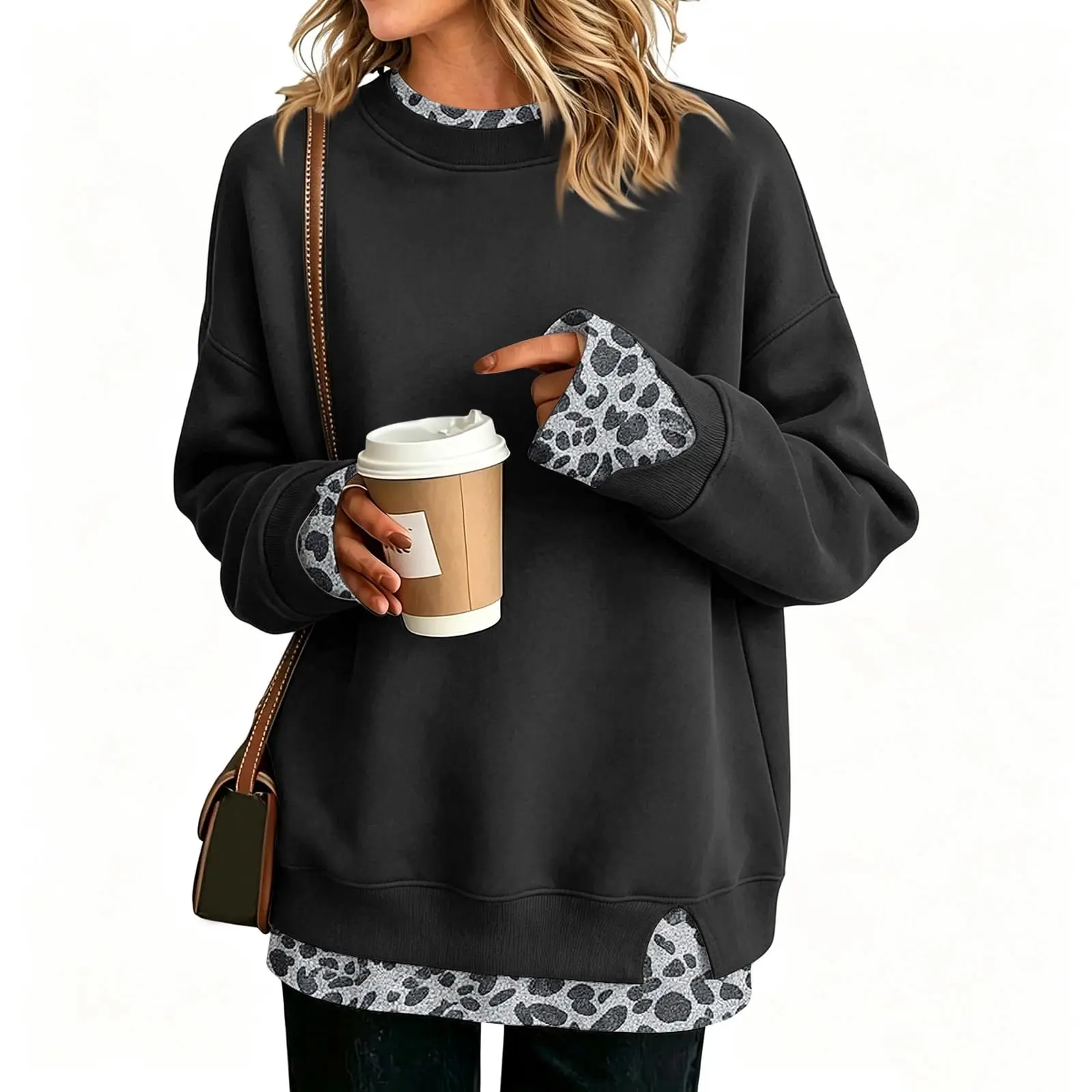 Crew Neck Sweatshirts Women Cute Long Sleeve Oversized Sweatshirt Plaid Pullove In Layered Tunic Leopard Print Zip up Hoodie