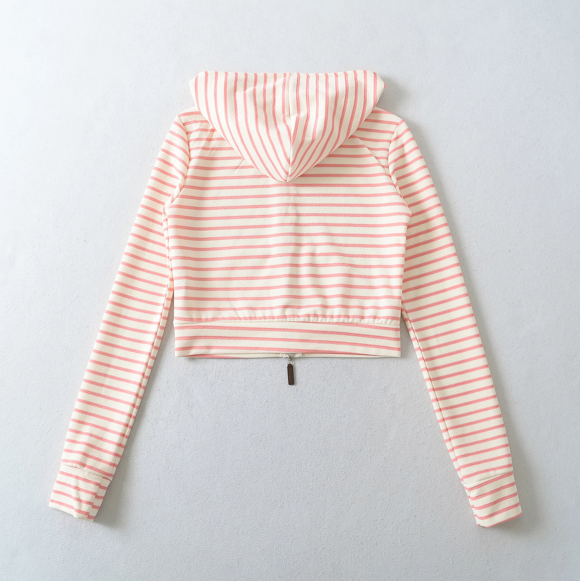Autumn Women Pink White Stripes Zip Up Hooded Sweatshirt Long Sleeve Short Sweats Crop Jumper Black