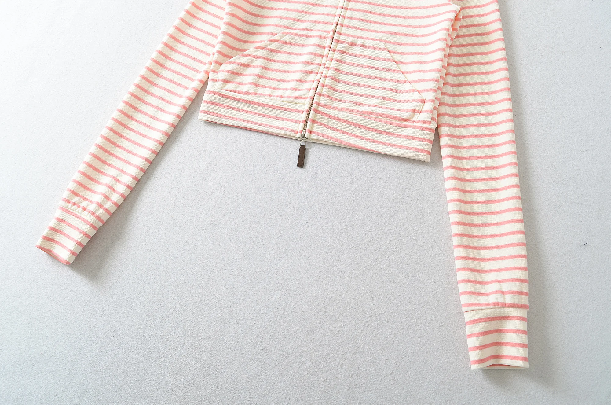 Autumn Women Pink White Stripes Zip Up Hooded Sweatshirt Long Sleeve Short Sweats Crop Jumper Black