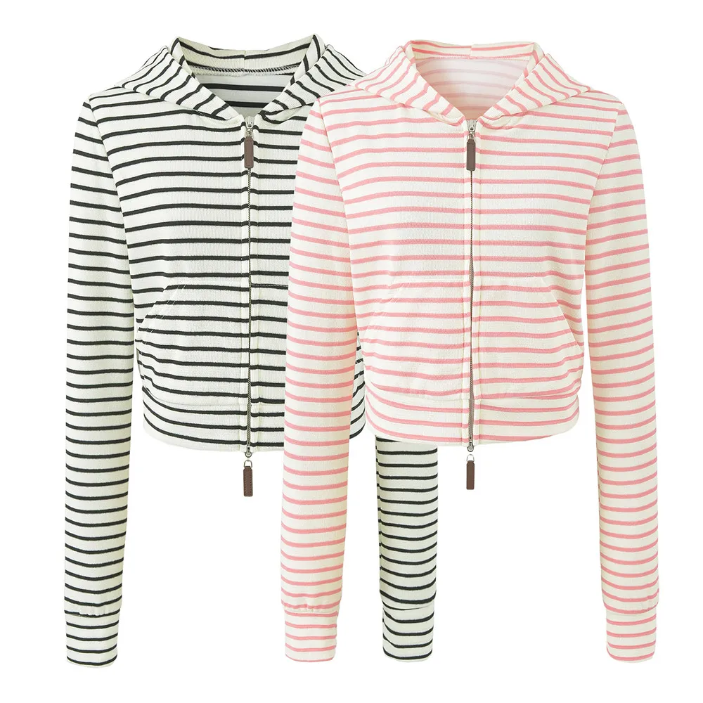 Autumn Women Pink White Stripes Zip Up Hooded Sweatshirt Long Sleeve Short Sweats Crop Jumper Black