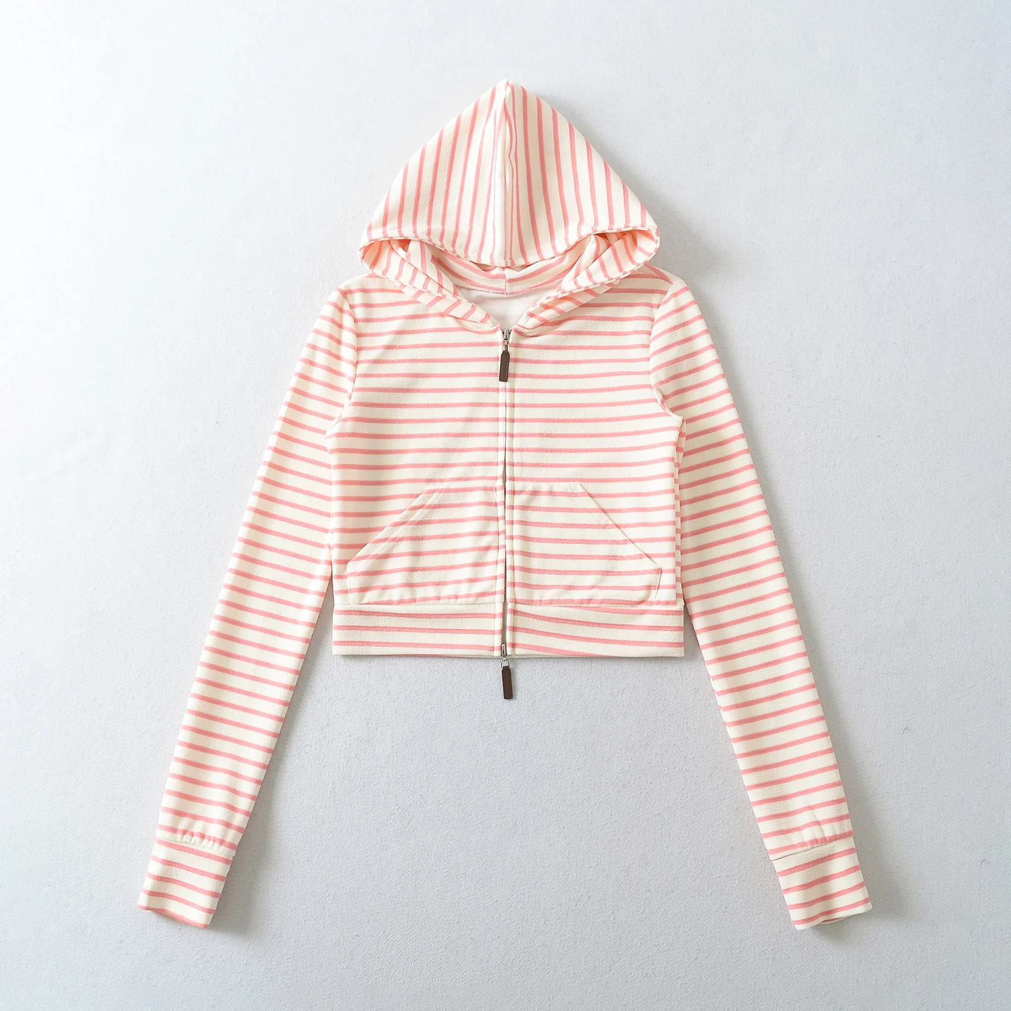 Autumn Women Pink White Stripes Zip Up Hooded Sweatshirt Long Sleeve Short Sweats Crop Jumper Black