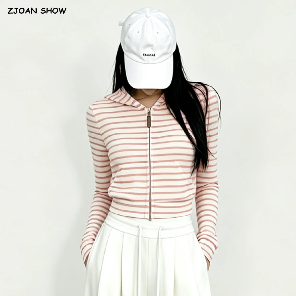 Autumn Women Pink White Stripes Zip Up Hooded Sweatshirt Long Sleeve Short Sweats Crop Jumper Black