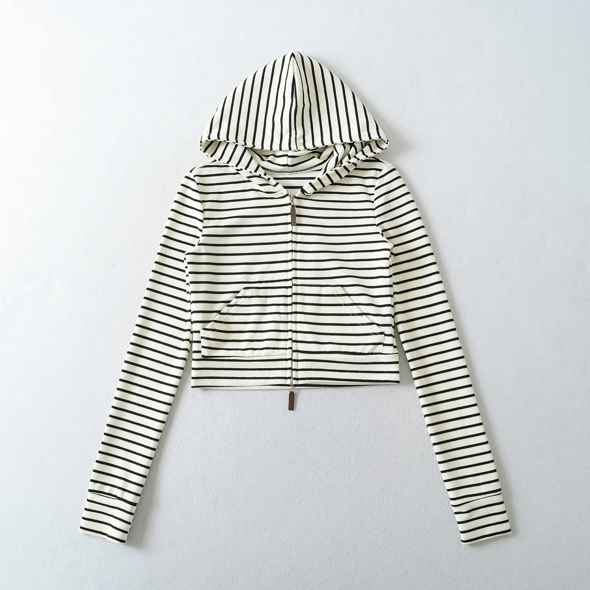 Autumn Women Pink White Stripes Zip Up Hooded Sweatshirt Long Sleeve Short Sweats Crop Jumper Black