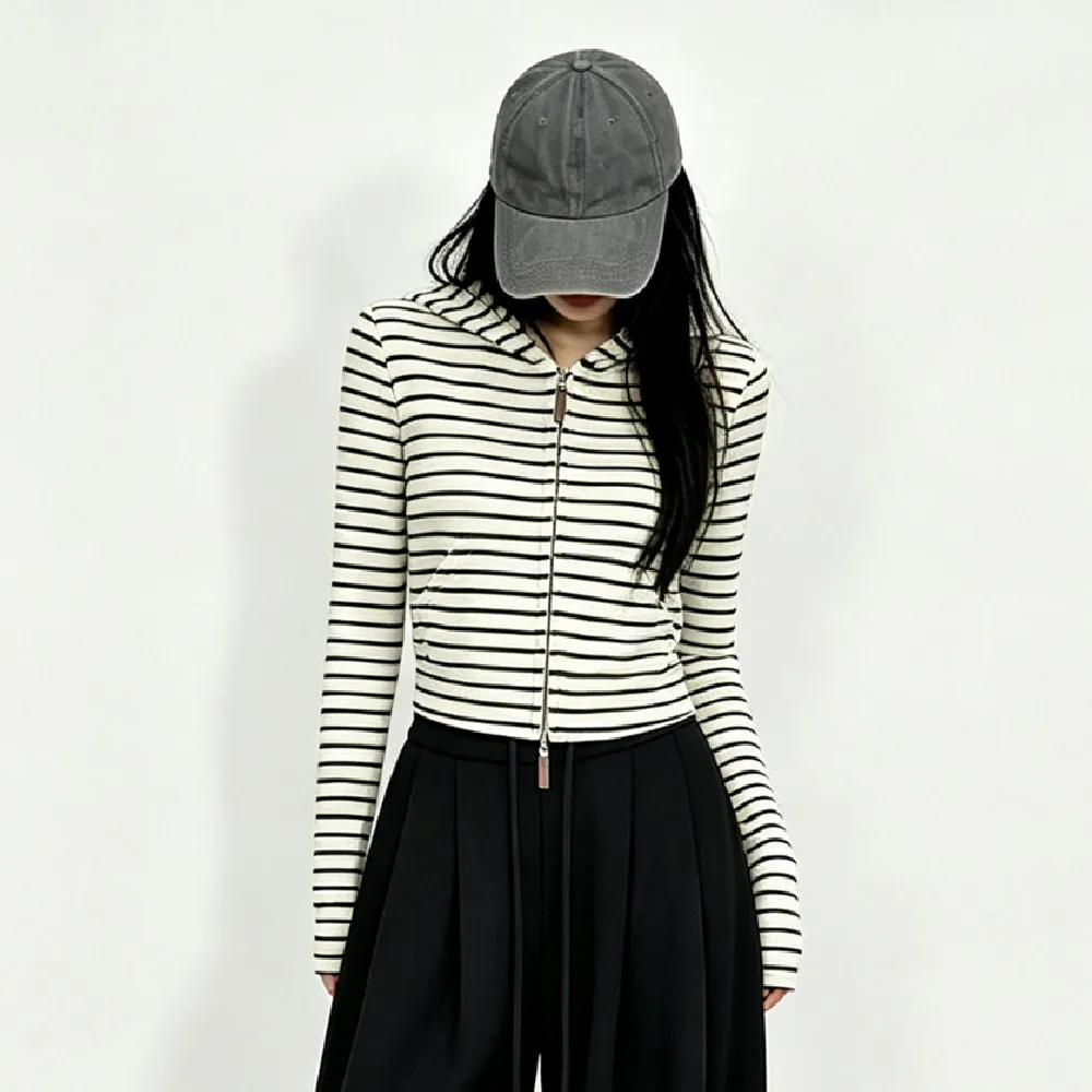 Autumn Women Pink White Stripes Zip Up Hooded Sweatshirt Long Sleeve Short Sweats Crop Jumper Black