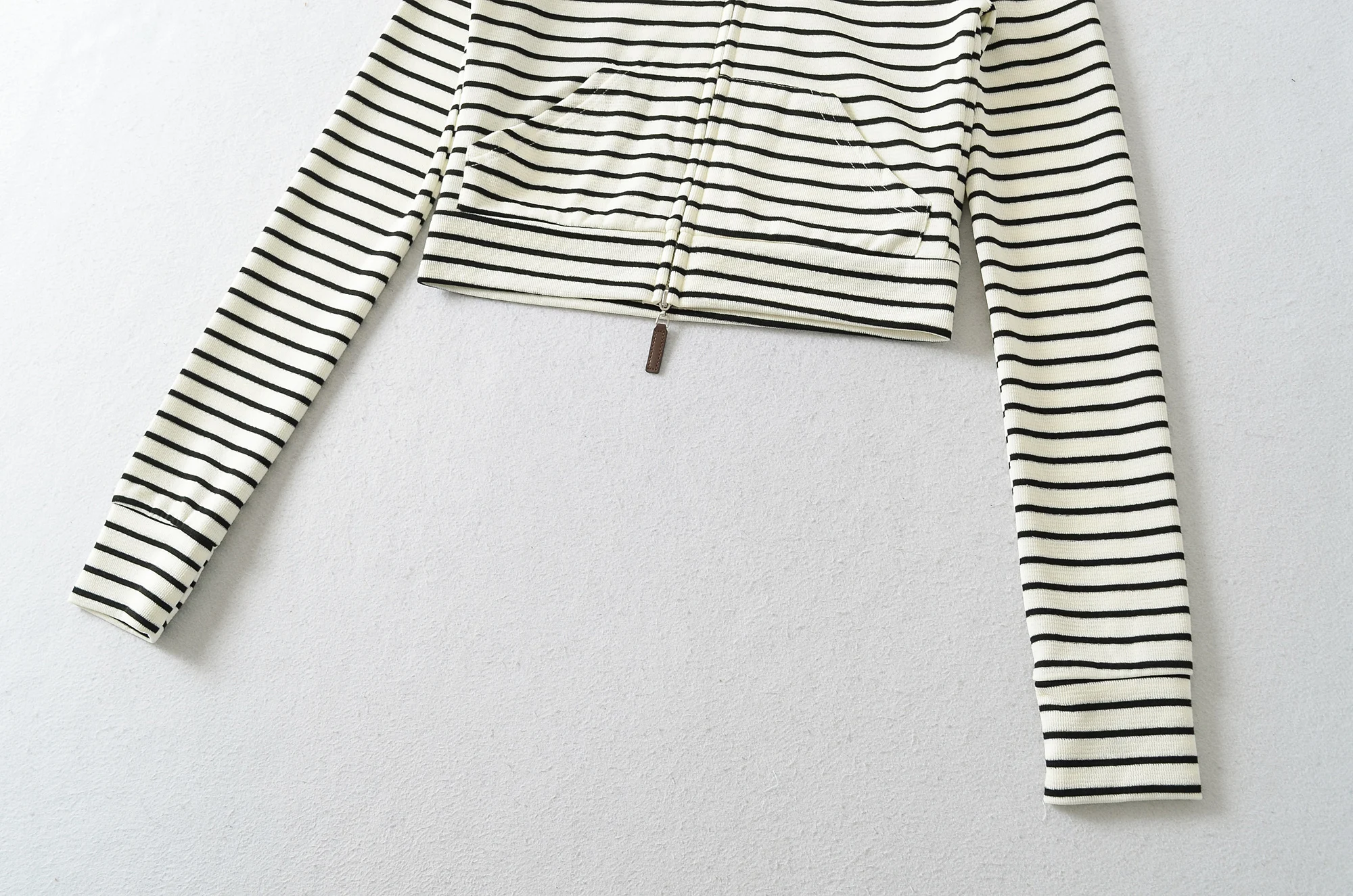 Autumn Women Pink White Stripes Zip Up Hooded Sweatshirt Long Sleeve Short Sweats Crop Jumper Black
