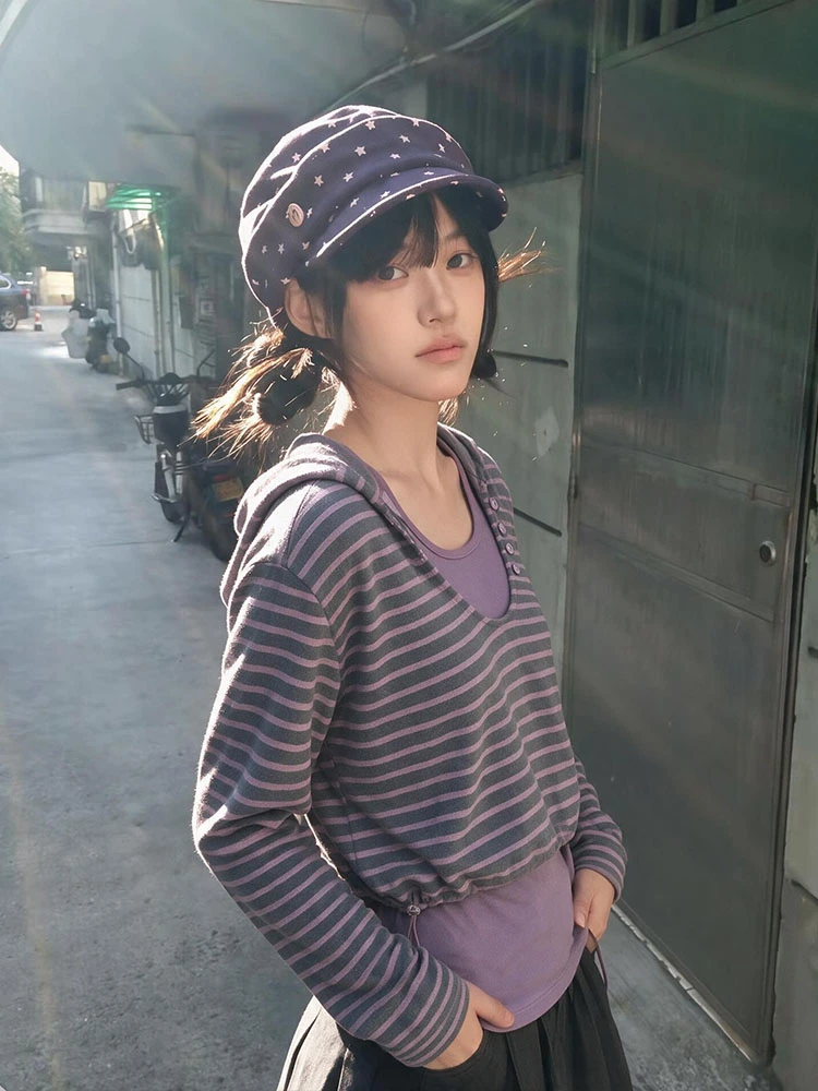 Tonngirls Y2k Aesthetic Hoody Women Patchwork Fake Two Pieces Tops Streetwear American Retro Vintage Sweatshirts Japanese 2000s