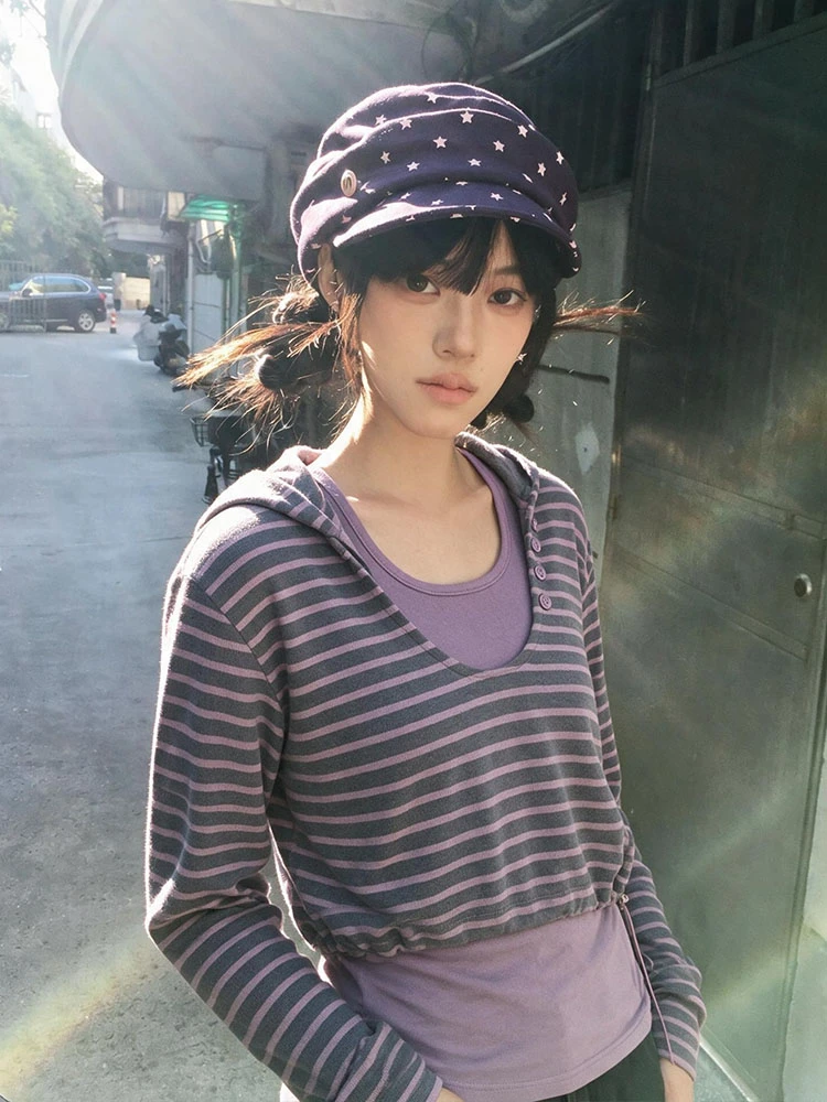 Tonngirls Y2k Aesthetic Hoody Women Patchwork Fake Two Pieces Tops Streetwear American Retro Vintage Sweatshirts Japanese 2000s