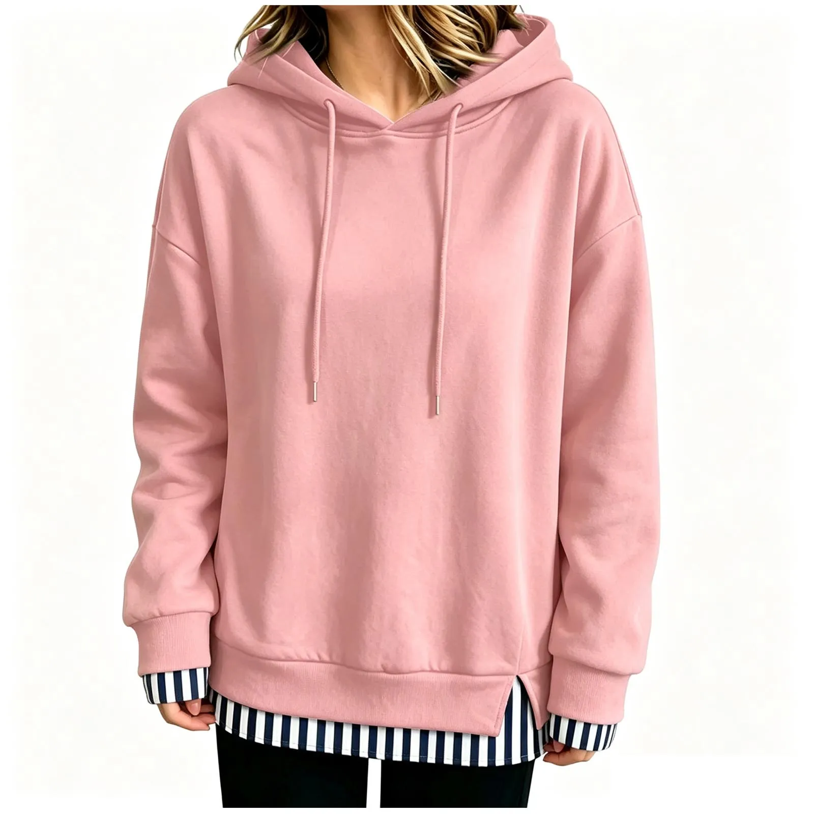 Women Fall And Winter Long Sleeve Hooded Sweatshirt Solid Color Pullover With Faux Layered Panel Sweatshirt Hoodies for Women