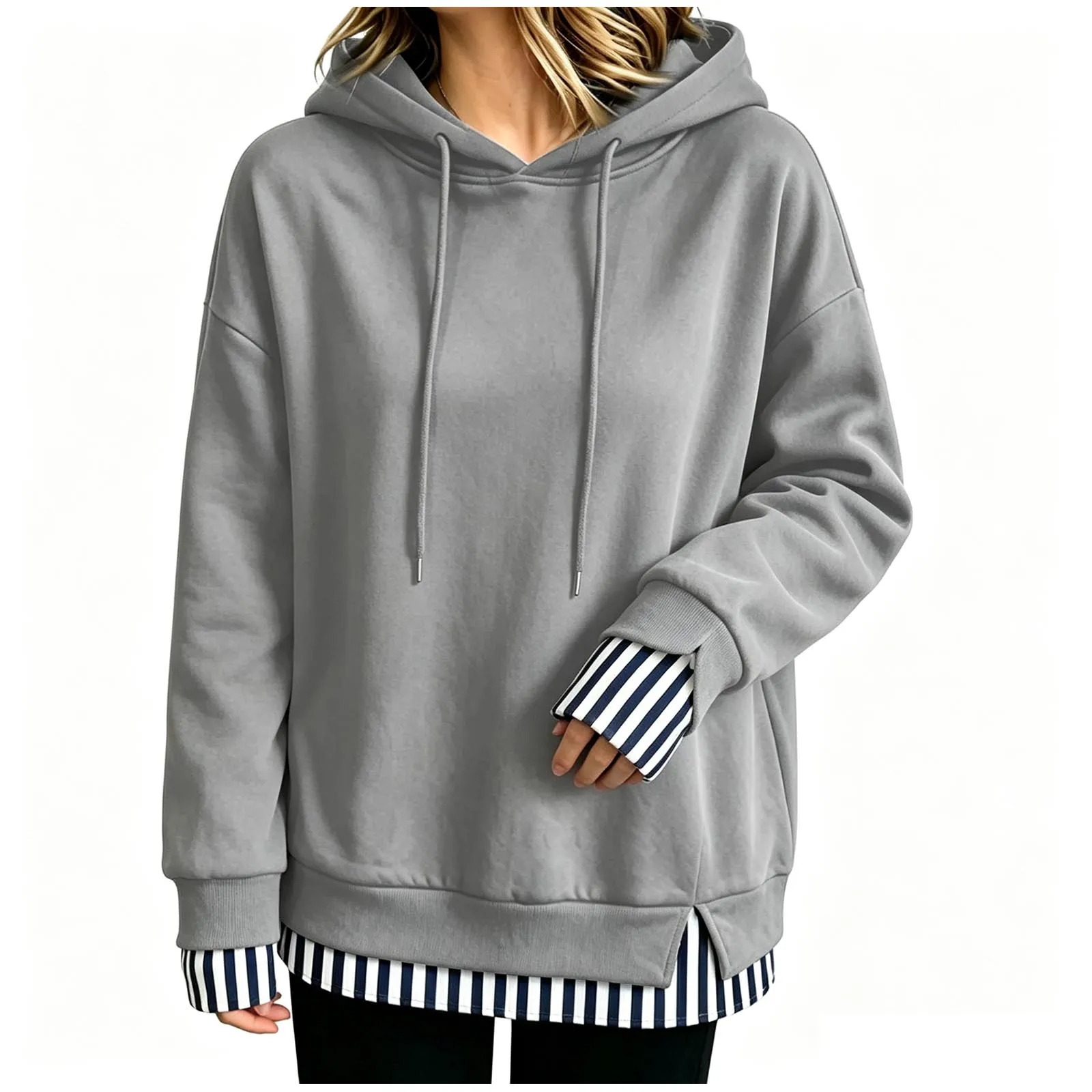Women Fall And Winter Long Sleeve Hooded Sweatshirt Solid Color Pullover With Faux Layered Panel Sweatshirt Hoodies for Women