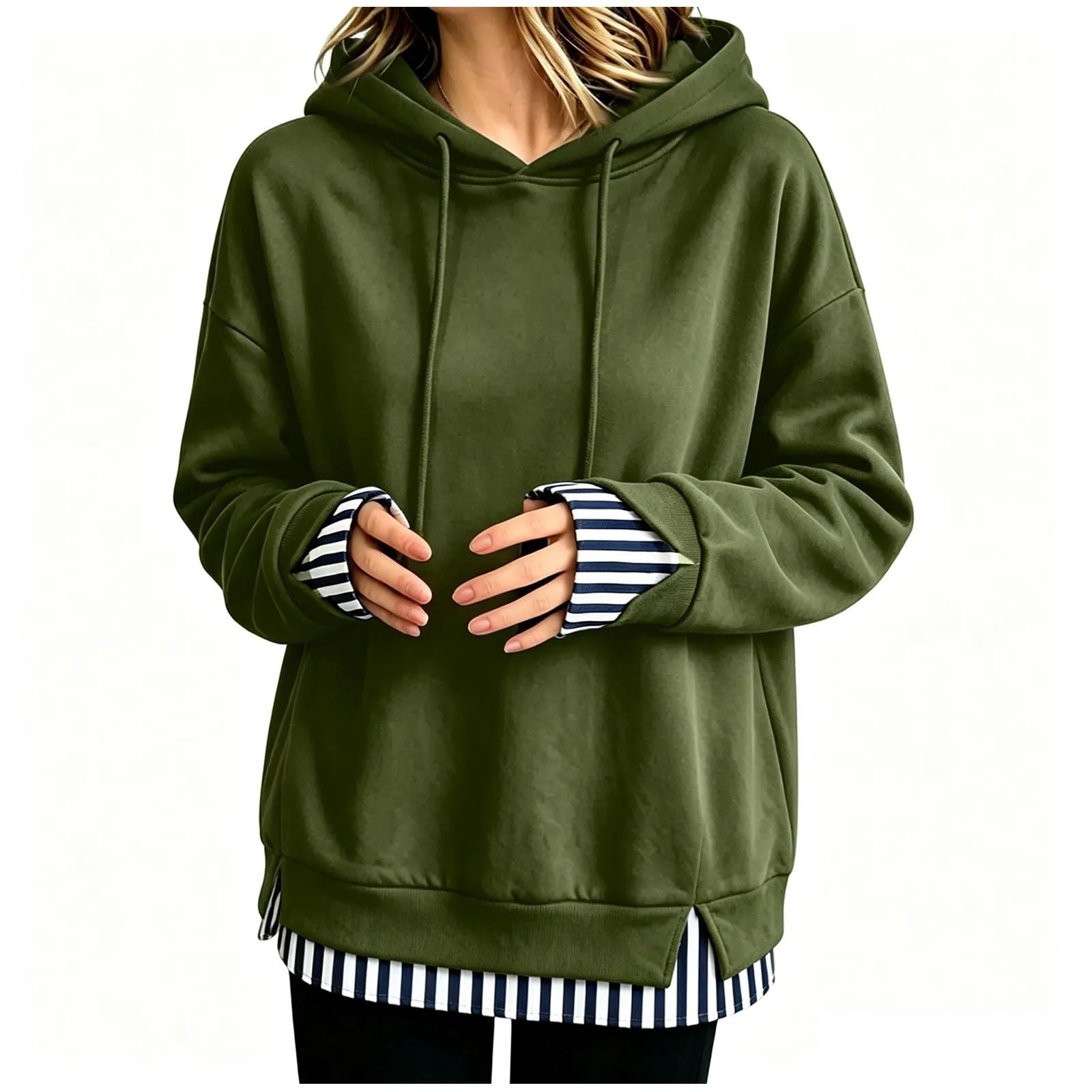 Women Fall And Winter Long Sleeve Hooded Sweatshirt Solid Color Pullover With Faux Layered Panel Sweatshirt Hoodies for Women