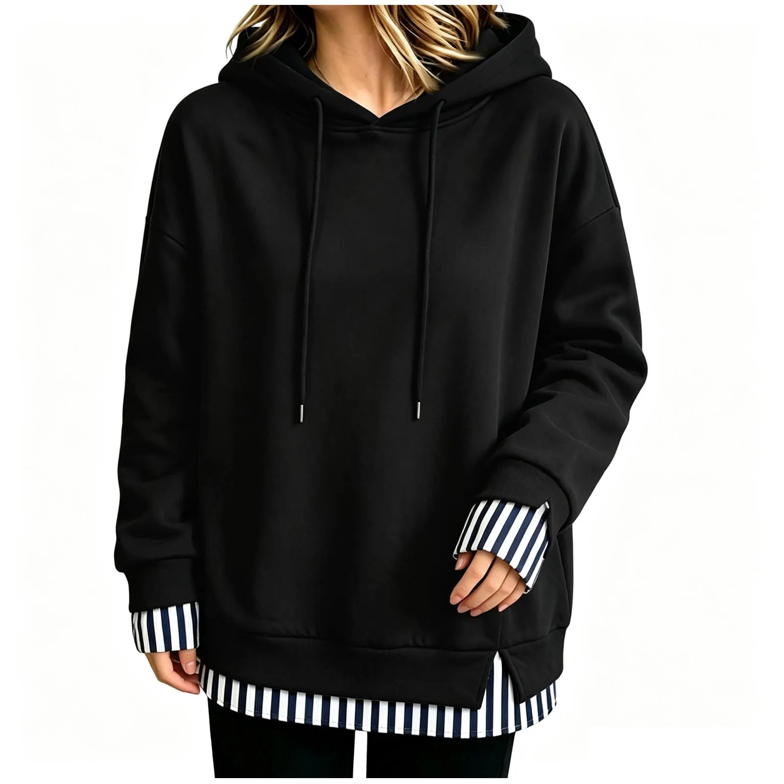 Women Fall And Winter Long Sleeve Hooded Sweatshirt Solid Color Pullover With Faux Layered Panel Sweatshirt Hoodies for Women