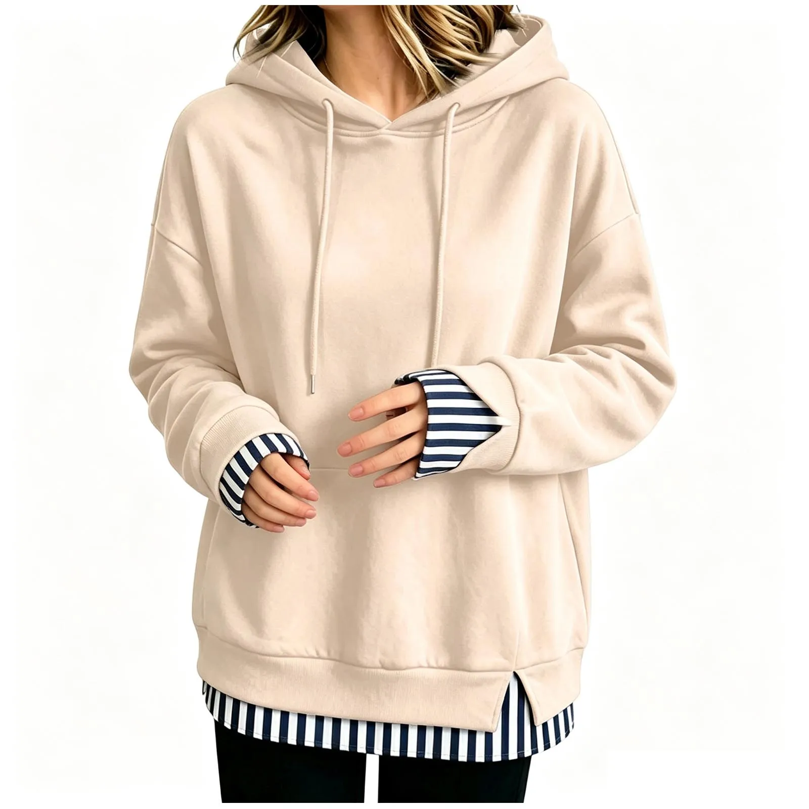 Women Fall And Winter Long Sleeve Hooded Sweatshirt Solid Color Pullover With Faux Layered Panel Sweatshirt Hoodies for Women