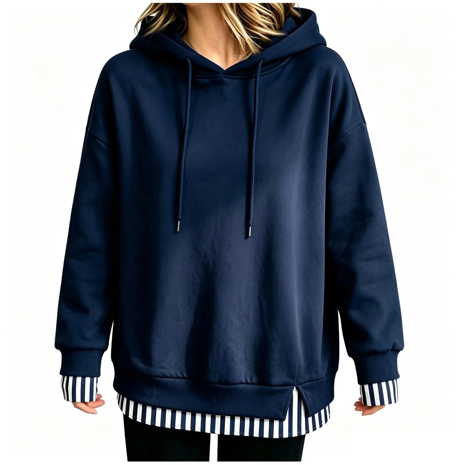 Women Fall And Winter Long Sleeve Hooded Sweatshirt Solid Color Pullover With Faux Layered Panel Sweatshirt Hoodies for Women