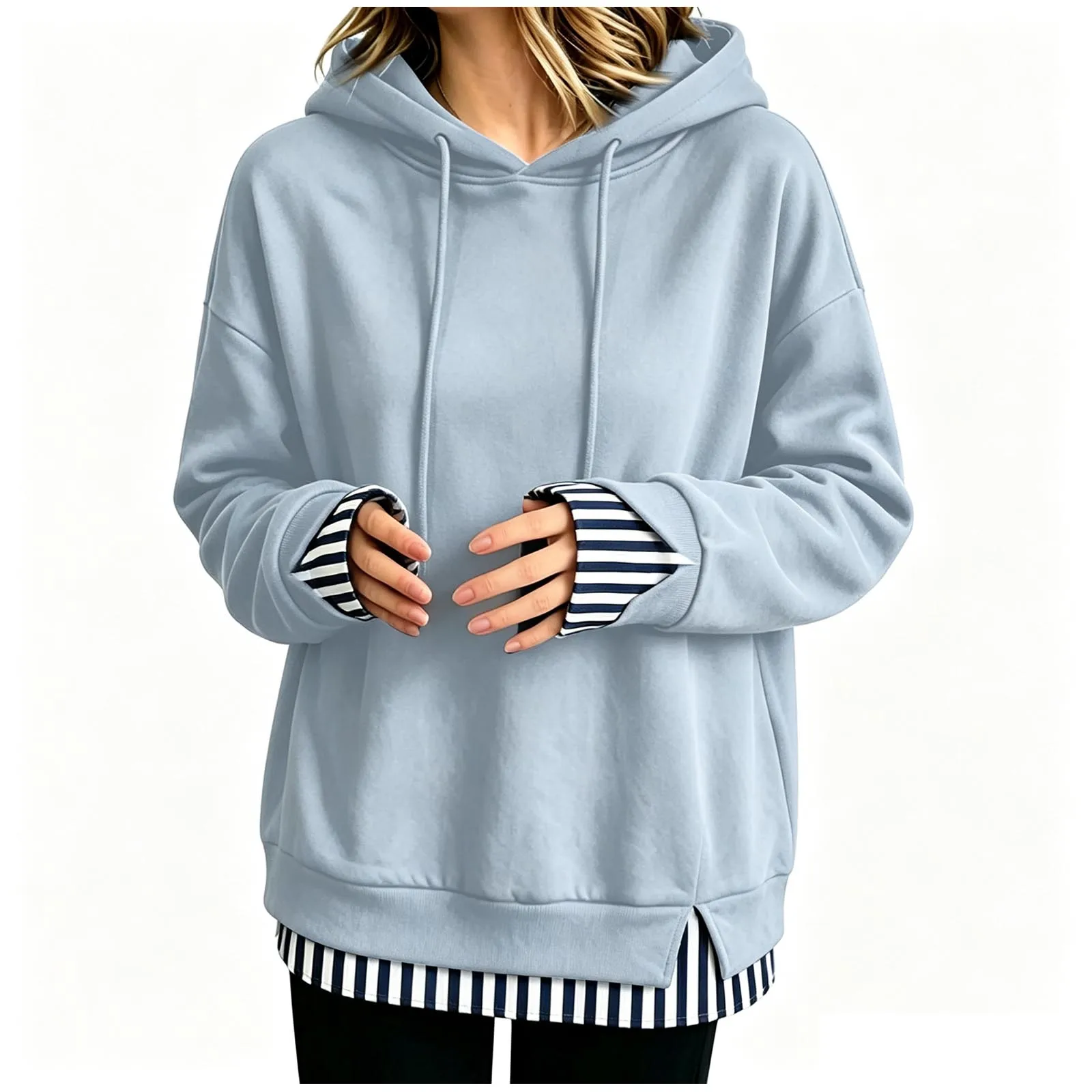 Women Fall And Winter Long Sleeve Hooded Sweatshirt Solid Color Pullover With Faux Layered Panel Sweatshirt Hoodies for Women