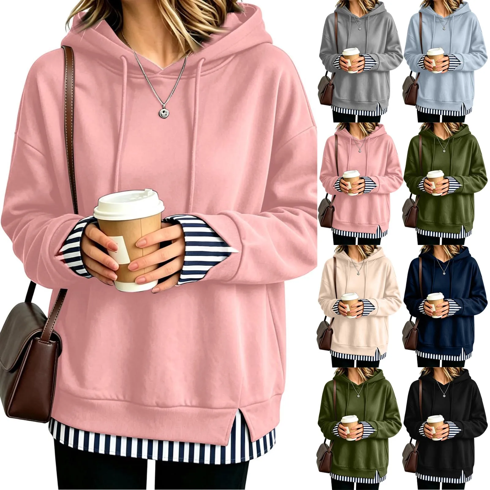 Women Fall And Winter Long Sleeve Hooded Sweatshirt Solid Color Pullover With Faux Layered Panel Sweatshirt Hoodies for Women