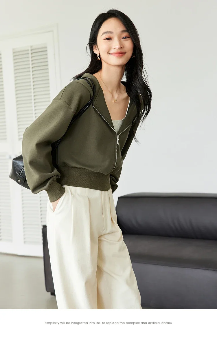 VIMLY Women's Short Hooded Sweatshirt 2026 Autumn Casual Zipper Front Long Sleeve Jacket Fashion Female Pullover A0885