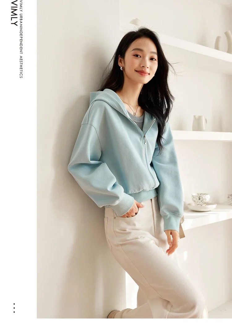 VIMLY Women's Short Hooded Sweatshirt 2026 Autumn Casual Zipper Front Long Sleeve Jacket Fashion Female Pullover A0885