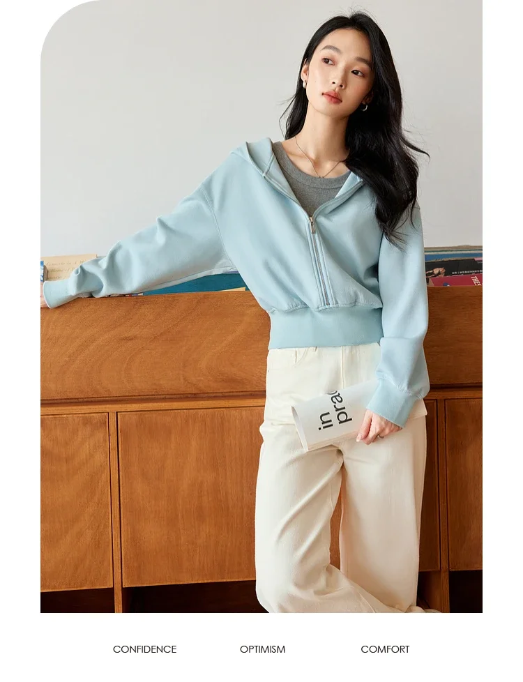 VIMLY Women's Short Hooded Sweatshirt 2026 Autumn Casual Zipper Front Long Sleeve Jacket Fashion Female Pullover A0885