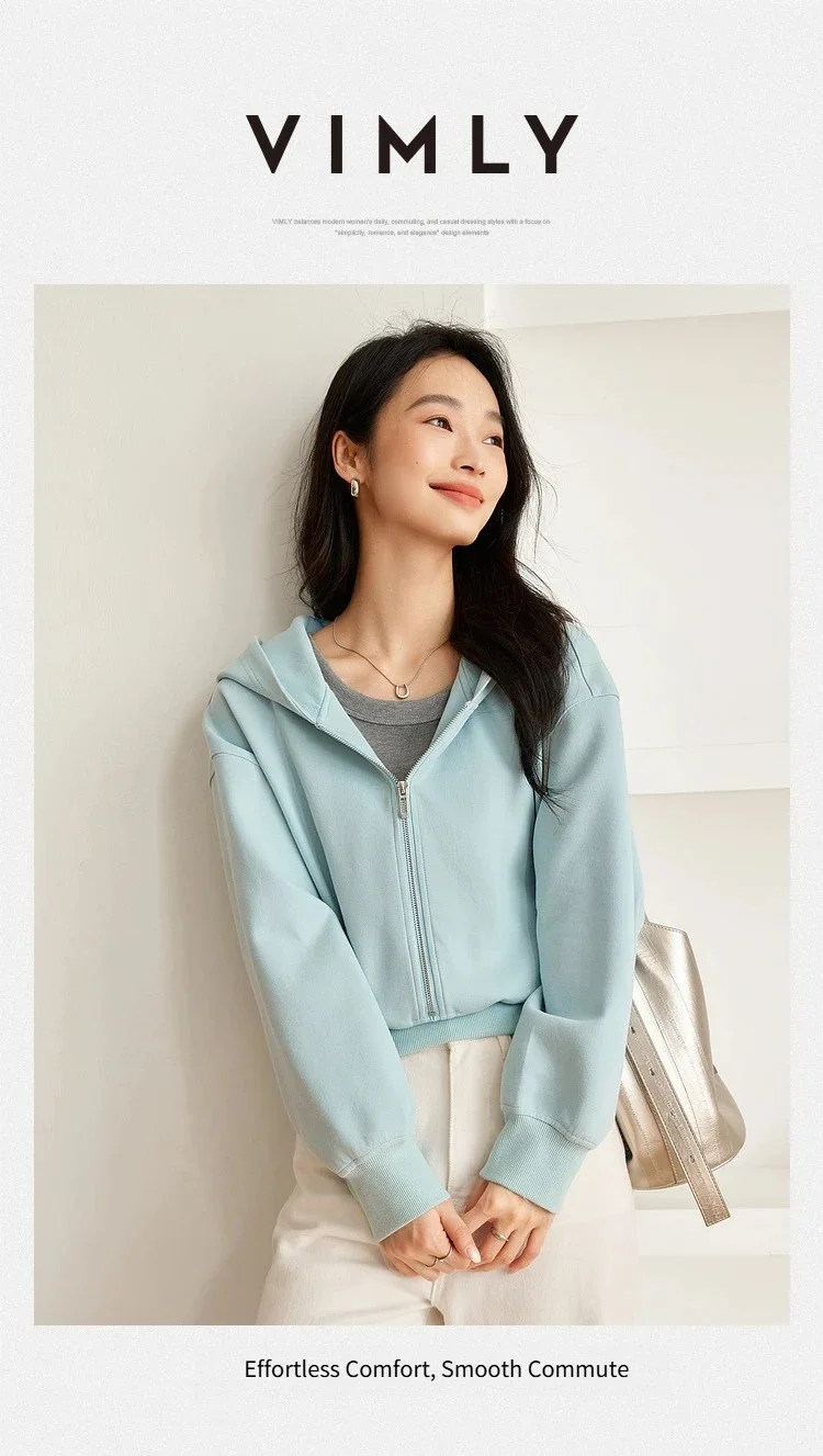 VIMLY Women's Short Hooded Sweatshirt 2026 Autumn Casual Zipper Front Long Sleeve Jacket Fashion Female Pullover A0885