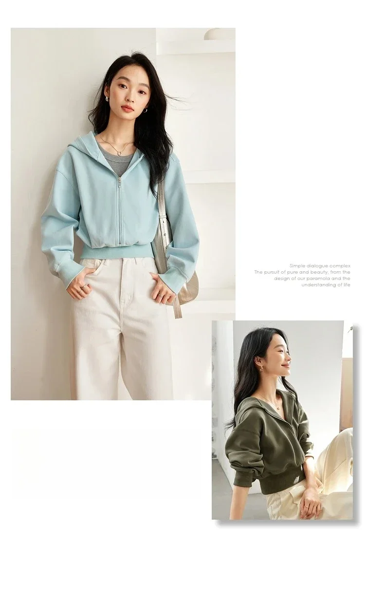 VIMLY Women's Short Hooded Sweatshirt 2026 Autumn Casual Zipper Front Long Sleeve Jacket Fashion Female Pullover A0885