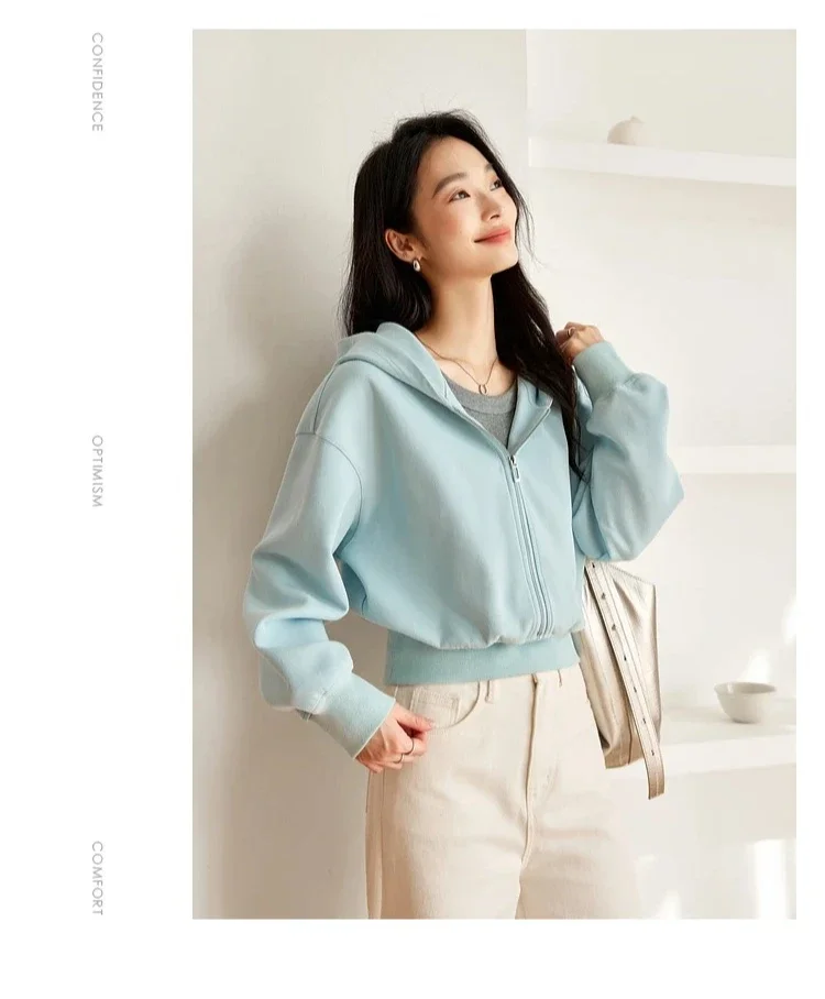 VIMLY Women's Short Hooded Sweatshirt 2026 Autumn Casual Zipper Front Long Sleeve Jacket Fashion Female Pullover A0885