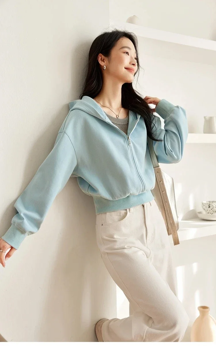 VIMLY Women's Short Hooded Sweatshirt 2026 Autumn Casual Zipper Front Long Sleeve Jacket Fashion Female Pullover A0885