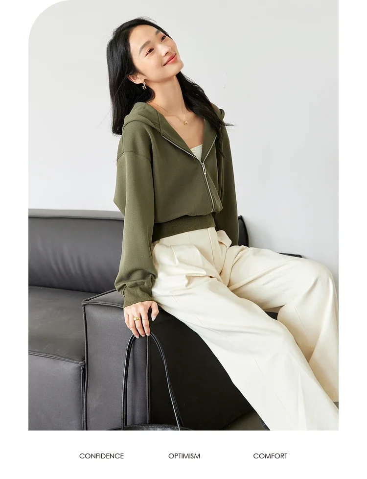 VIMLY Women's Short Hooded Sweatshirt 2026 Autumn Casual Zipper Front Long Sleeve Jacket Fashion Female Pullover A0885
