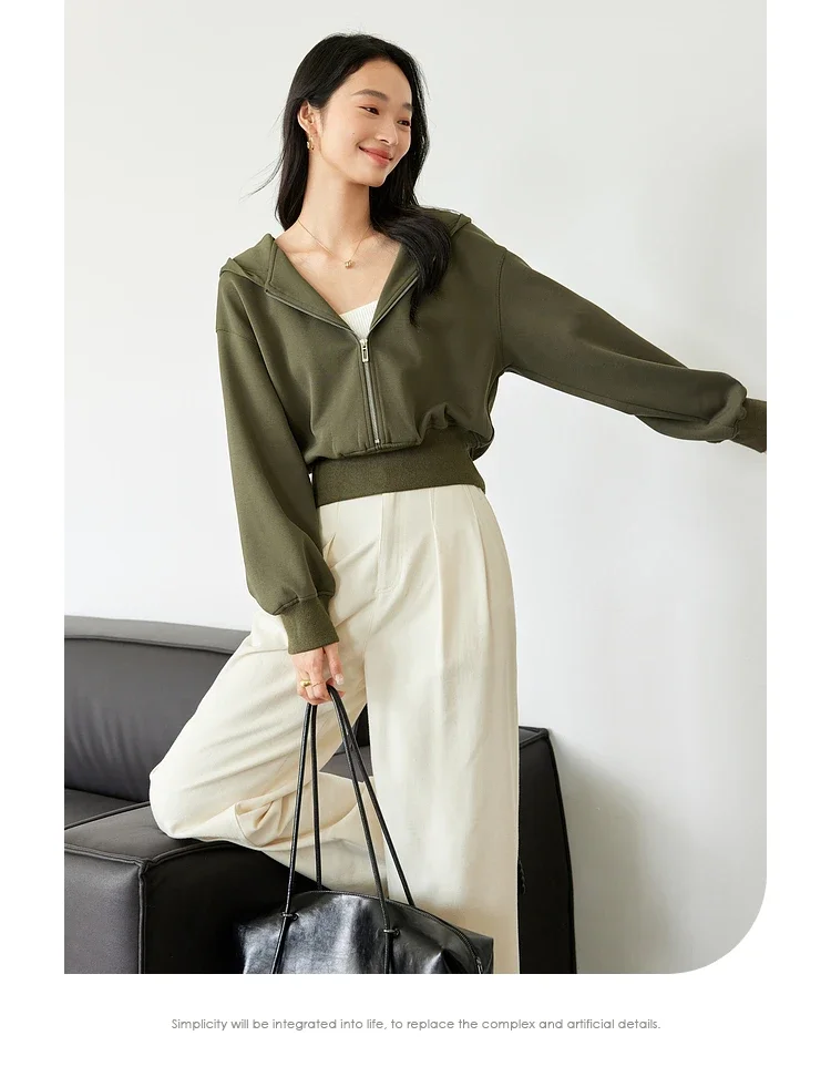 VIMLY Women's Short Hooded Sweatshirt 2026 Autumn Casual Zipper Front Long Sleeve Jacket Fashion Female Pullover A0885