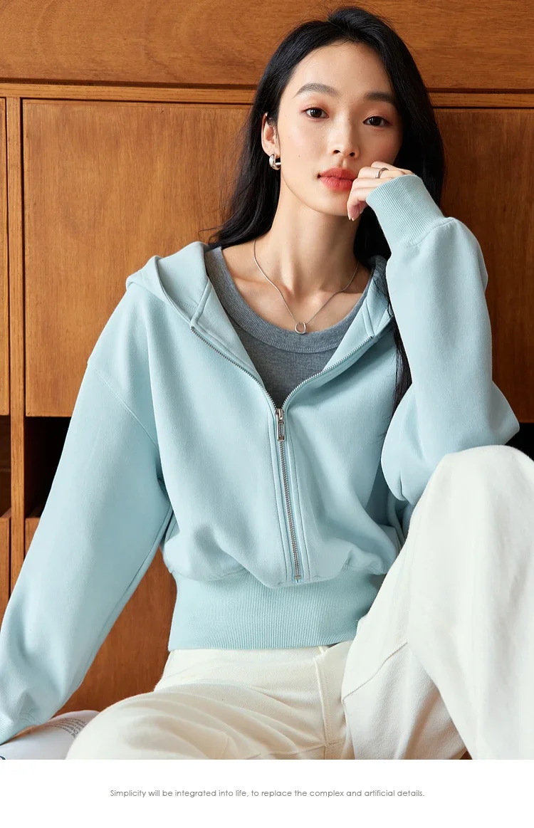 VIMLY Women's Short Hooded Sweatshirt 2026 Autumn Casual Zipper Front Long Sleeve Jacket Fashion Female Pullover A0885