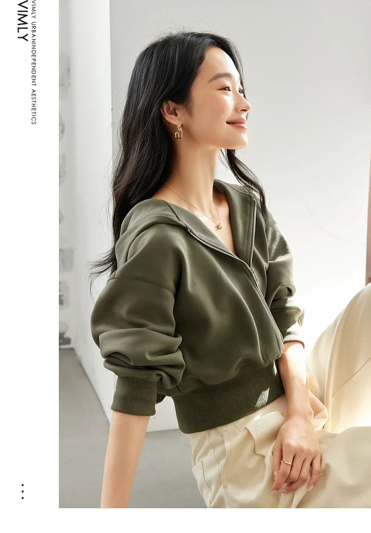 VIMLY Women's Short Hooded Sweatshirt 2026 Autumn Casual Zipper Front Long Sleeve Jacket Fashion Female Pullover A0885