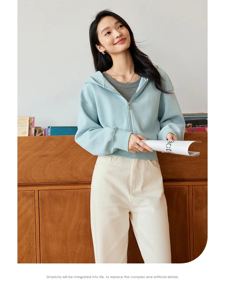 VIMLY Women's Short Hooded Sweatshirt 2026 Autumn Casual Zipper Front Long Sleeve Jacket Fashion Female Pullover A0885