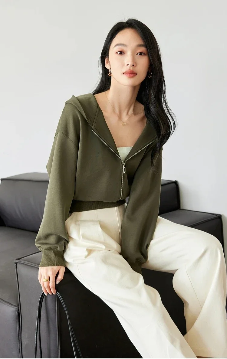 VIMLY Women's Short Hooded Sweatshirt 2026 Autumn Casual Zipper Front Long Sleeve Jacket Fashion Female Pullover A0885