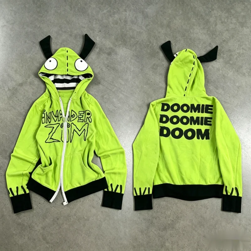 Green Cartoon Animal Ear Hoodie Women Men Casual Zip Up Jacket Funny Graphic Print Long Sleeve Loose Streetwear Coat