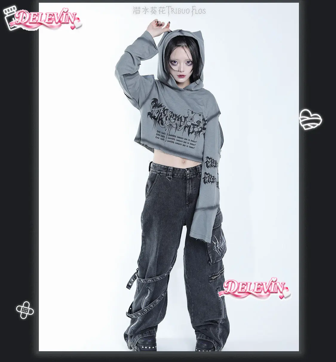 Original Cute Cartoon Long-sleeved Hooded Sweatshirt Japanese Subculture Dark Printed Goth Short Coat Cosplay Anime Clothing