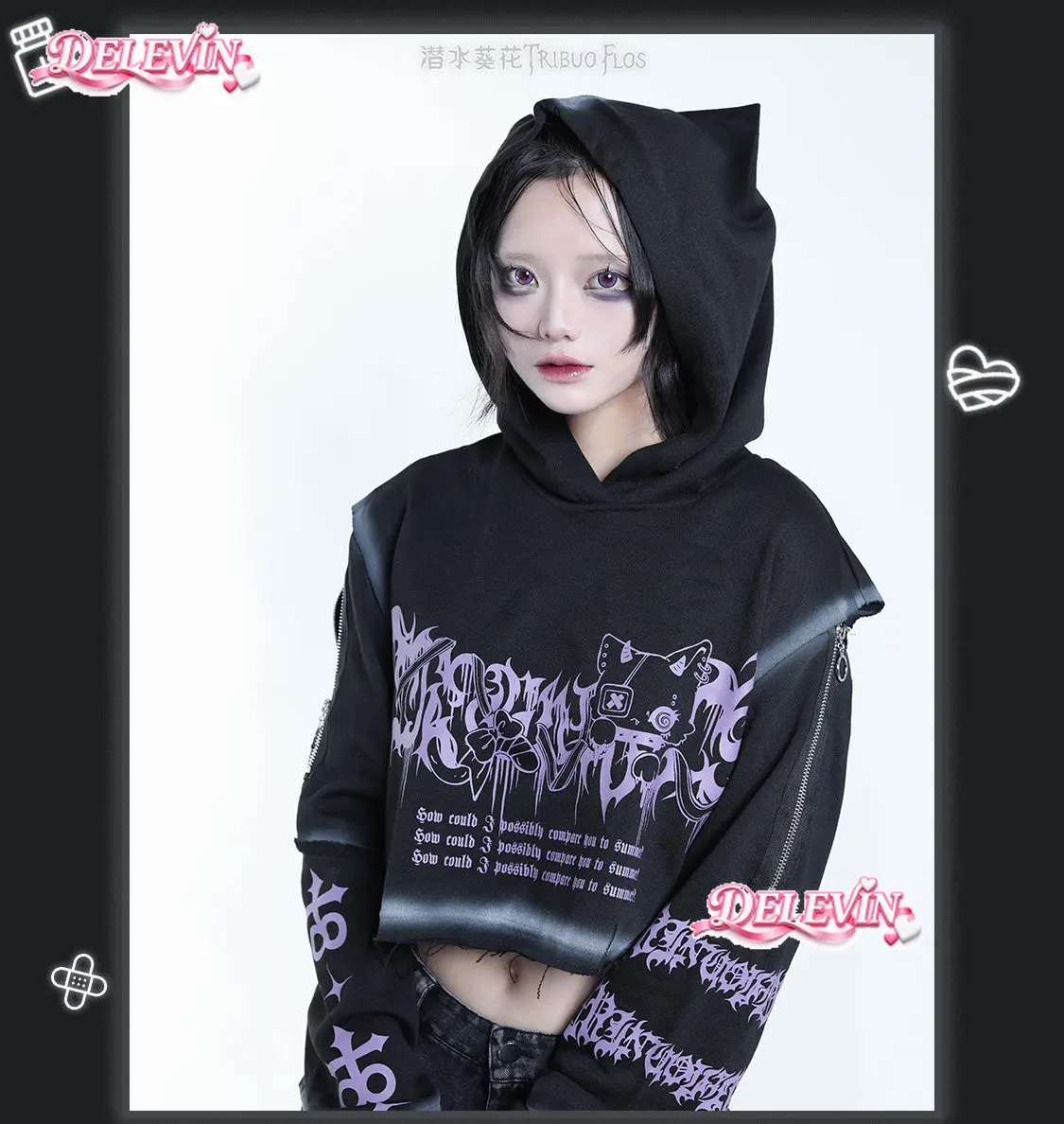 Original Cute Cartoon Long-sleeved Hooded Sweatshirt Japanese Subculture Dark Printed Goth Short Coat Cosplay Anime Clothing