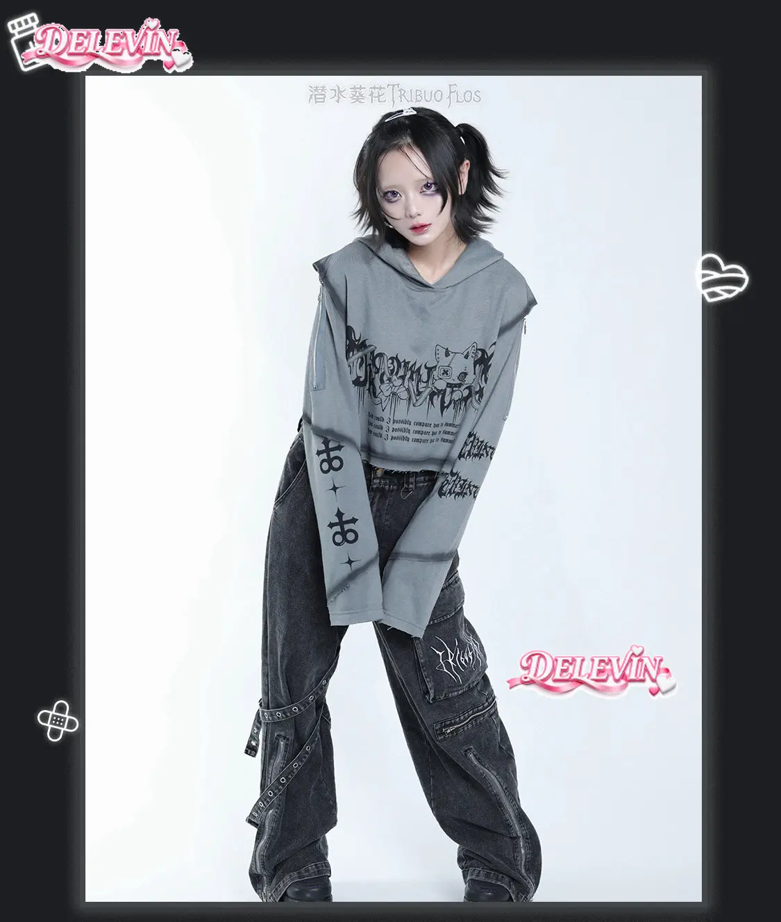 Original Cute Cartoon Long-sleeved Hooded Sweatshirt Japanese Subculture Dark Printed Goth Short Coat Cosplay Anime Clothing