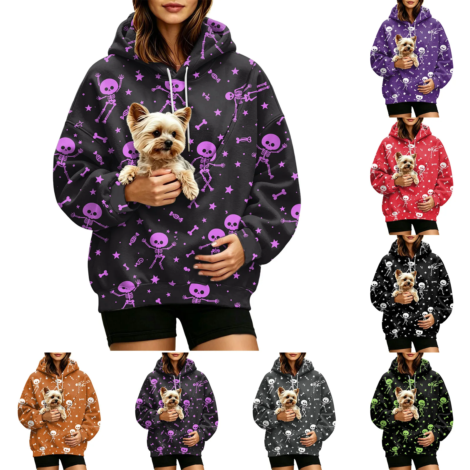 Women Fall And Winter Hoodie With Pet Pouch Oversized Pocket Colorful Halloween Print Sweatshirt Women Sweater Zipper Pockets