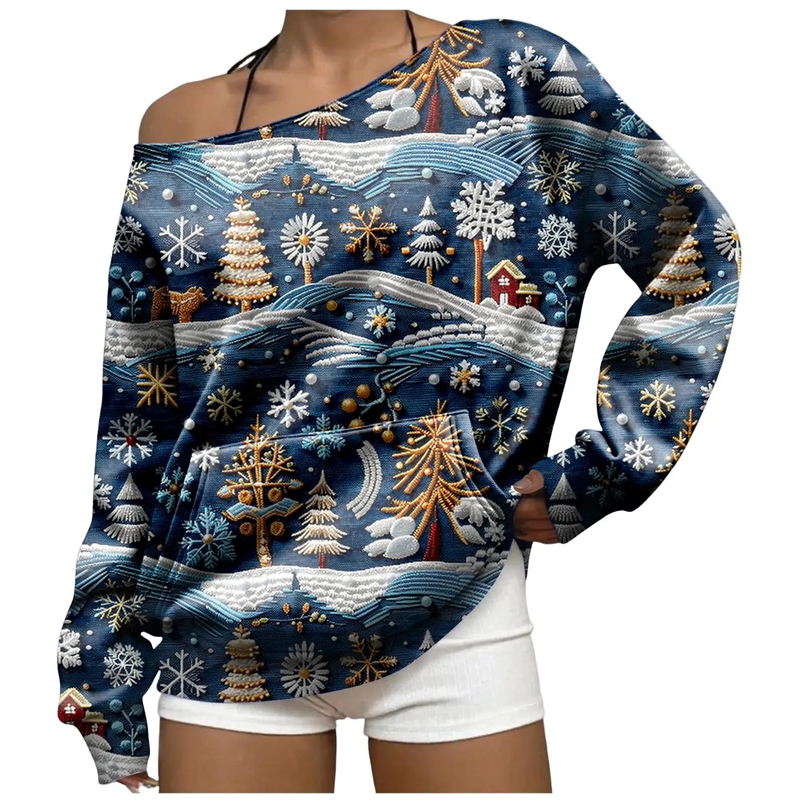Off The Shoulder Sweatshirt For Women Oversized Casual Ribbed Long Sleeve Top Cozy Comfy Striped Print Long Sleeve Sweatshirt